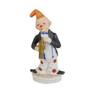 Mini Clown Playing Saxophone Figurine 80's Ceramic 6" Home Decor Made in Korea